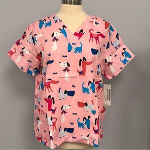 NWT Buttersoft Scrub Top M Pink Dogs Print Cotton Scrubs Nurse Dog Vet Uniform